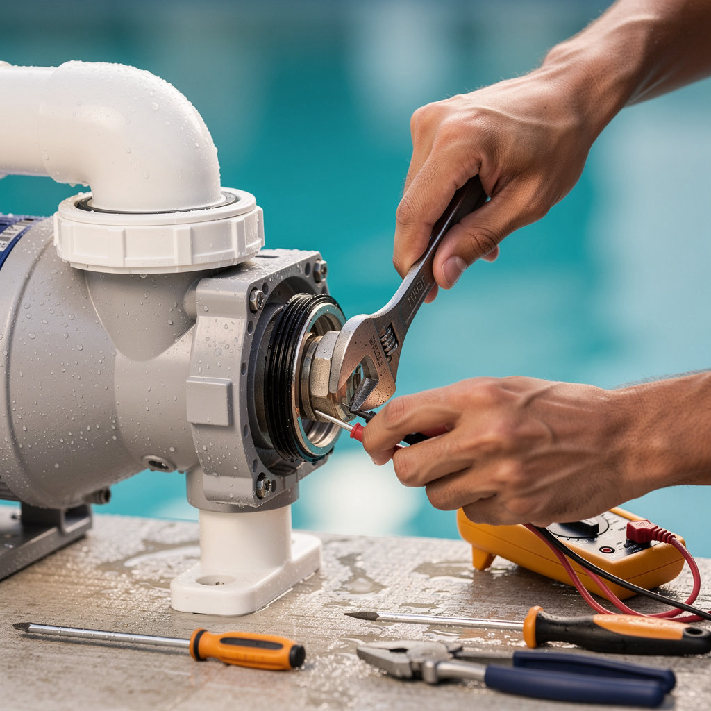 Matt's Pool & Spa Service technician expertly repairing pool pump equipment in Santa Barbara, CA